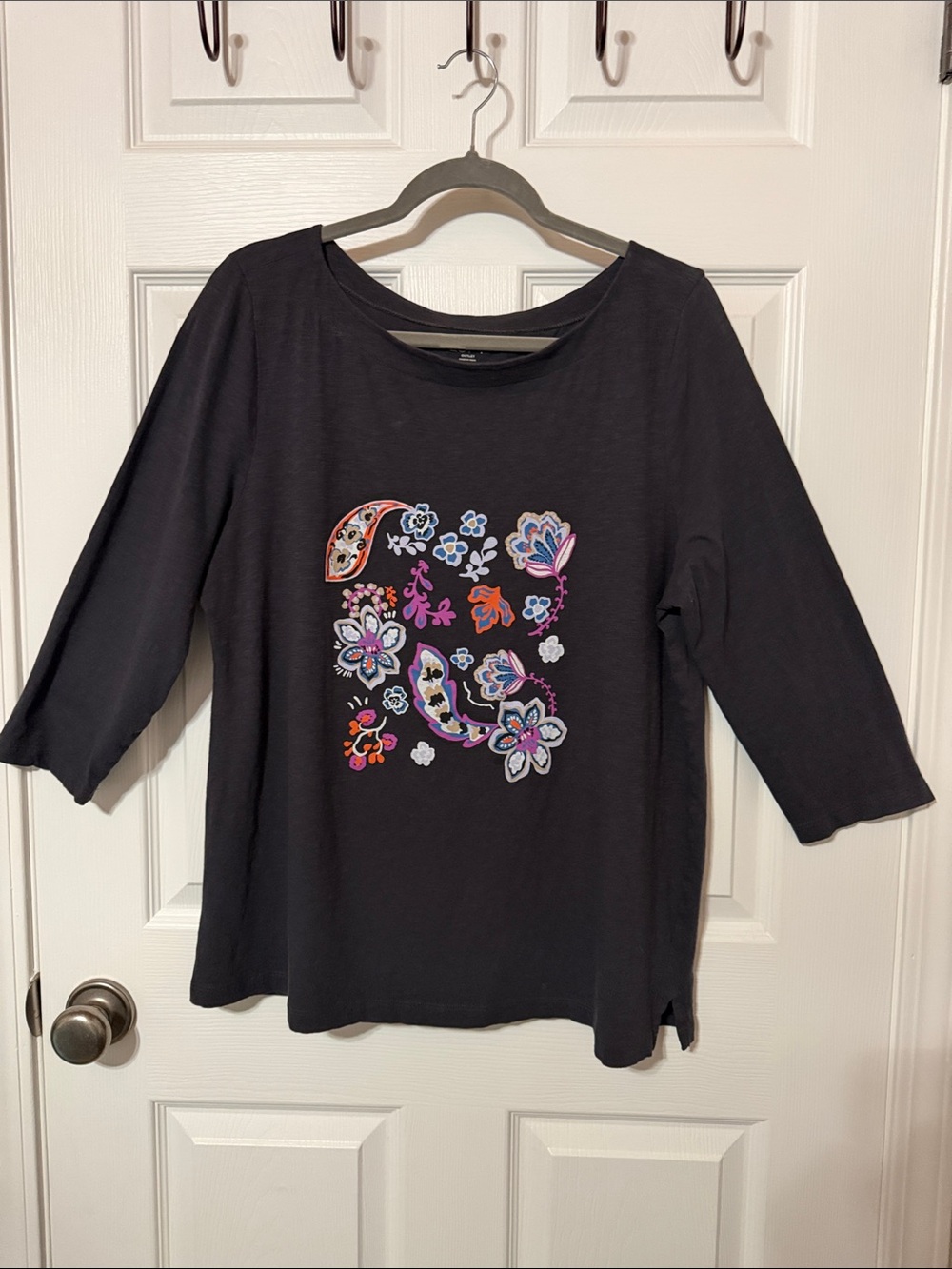 LOFT Black Tee with Colorful Floral Graphics